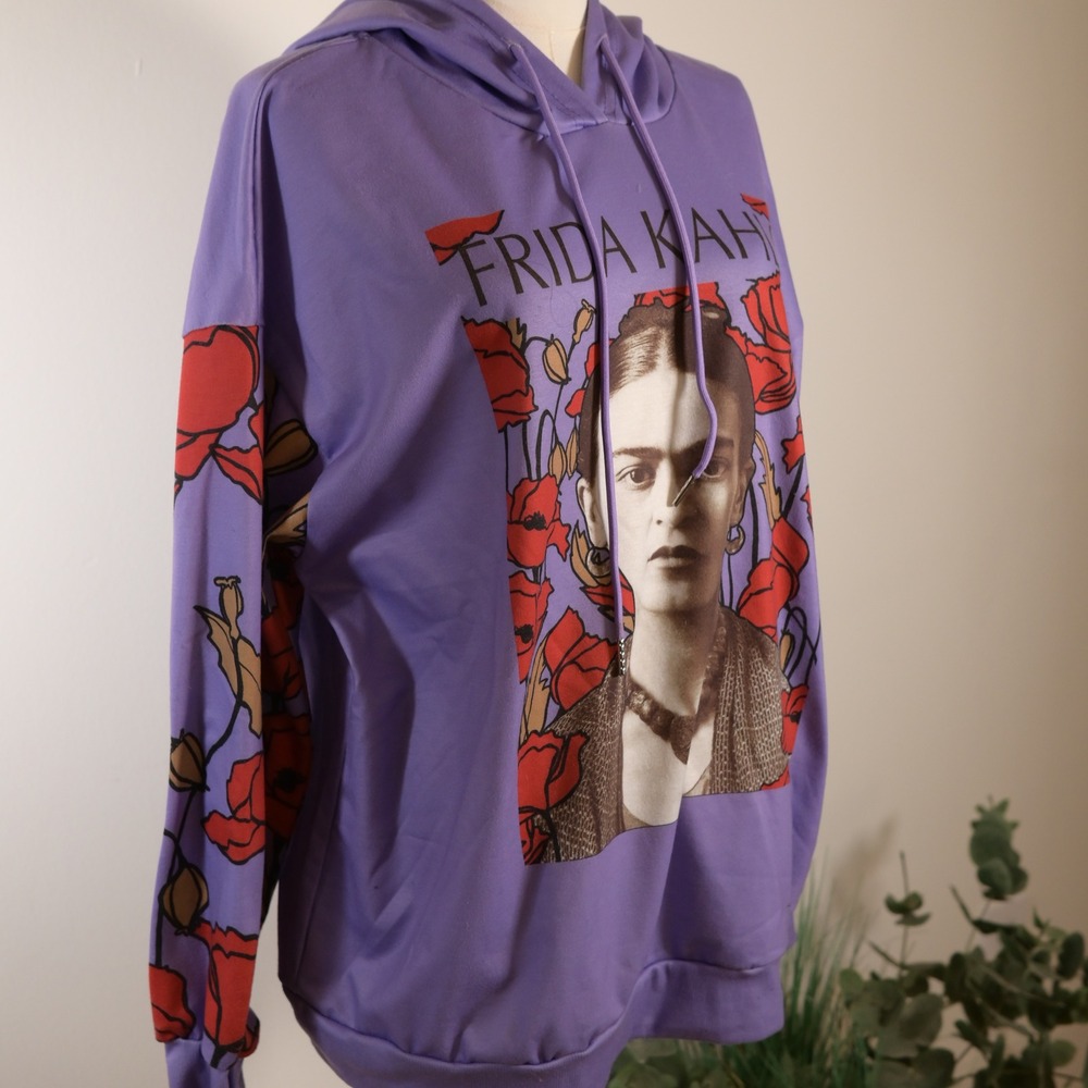 Shein Frida Kahlo Graphic Hoodie Purple Floral Sleeve Sweatshirt Women XL